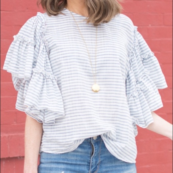 Blue White Stripe 100% Cotton Blouse Ruffle Sleeve - Picture 2 of 8